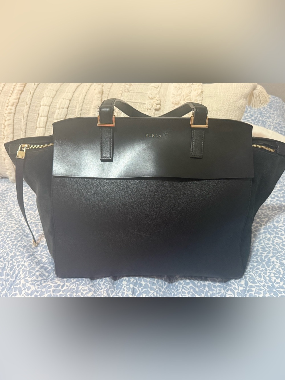 Furla Black Leather Laptop Tote with Gold Accents